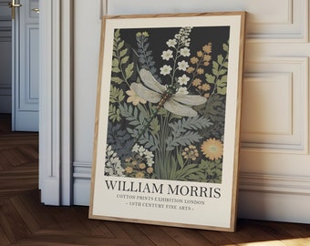 William Morris Print, vintage dragonfly print, vintage style William Morris Exhibition Print, vintage botanical poster, Textiles Art,