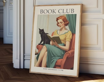 Vintage book poster, Book club print, library print, book lover gift, retro lady reading books, vintage reading poster, reading wall art