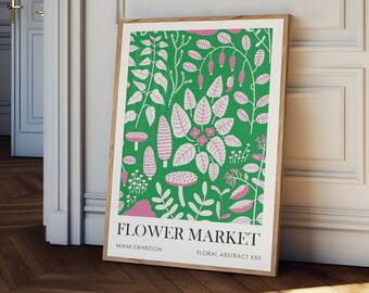 Flower market print, hand drawn Miami flower market poster, green botanical print, trendy floral wall art, botanical wall art,