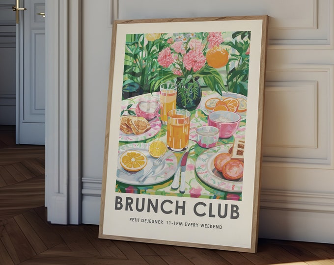 Brunch club print, breakfast print, vintage food Print, Food Illustration Print, Kitchen Decor, colourful Food wall art, food painting