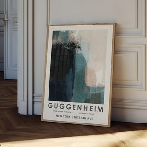 Póster del Guggenheim, póster de arte moderno, arte abstracto verde azulado, arte mural abstracto, póster de exposición de Nueva York, decoración neutra de arte contemporáneo.