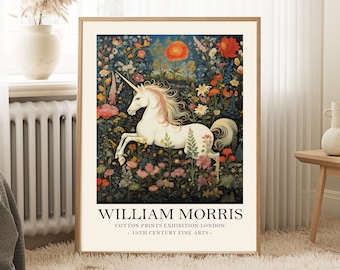 May include: A vintage poster featuring a white unicorn in a field of colorful flowers. The poster is titled "William Morris - Cotton Prints Exhibition London - 19th Century Fine Arts - "
