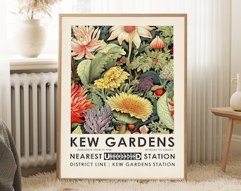 May include: A vintage-style poster advertising Kew Gardens in London. The poster features a colorful illustration of flowers and plants, with the text "Kew Gardens" in bold letters at the top. The poster also includes the text "Admission 10am to 5pm, Monday to Sunday" and "Nearest Underground Station, District Line | Kew Gardens Station".