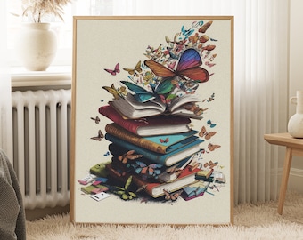 Vintage book poster, library print, book lover gift, book and butterflies print, vintage reading poster reading wall art retro book wall art