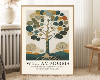 May include: A vintage-style poster featuring a stylized tree with green, blue, and yellow leaves. The poster has the text "WILLIAM MORRIS - COTTON PRINTS EXHIBITION LONDON - 19TH CENTURY FINE ARTS -" at the bottom.