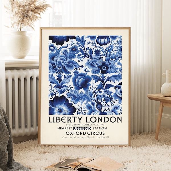 Liberty print, William Morris print, vintage botanical poster, blue retro Flower market print,botanical wall art, floral wall art,