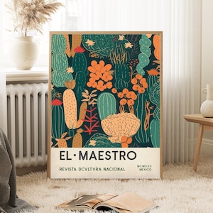 Impresión de El Maestro, póster de arte de exposición mexicana, arte mural de cactus, póster de viaje a México, arte mural vintage, póster de El Maestro, cultura mexicana