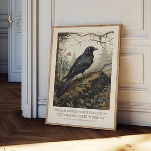 William Morris print, decorative black raven print, vintage William Morris Exhibition Print, vintage botanicals print,