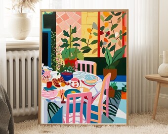 Dinner table food poster, vintage Food Print, Kitchen Decor, kitchen wall art, colourful Food wall art, food painting, food illustration