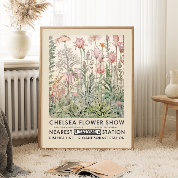 Vintage Chelsea flower show, pink flower market print, vintage floral poster, Retro botanical print, botanical wall art, floral wall art,