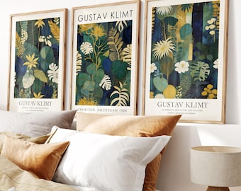 Set of 3 Gustav Klimt prints, abstract tropical floral prints, blue and gold botanicals