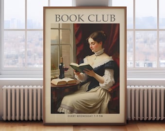 Vintage book poster, Book club print, library print, book lover gift, victorian lady reading books, vintage reading poster, reading wall art