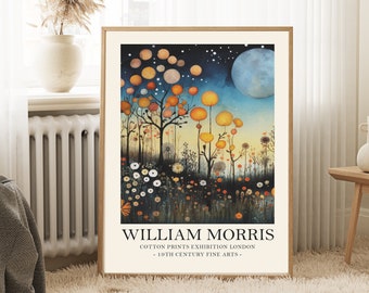 William Morris print, Moon and stars print, William Morris Exhibition Print, vintage forest print, Vintage Wall Art, Textiles Art,