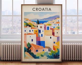 May include: A vintage travel poster featuring a colorful illustration of a seaside town in Croatia. The poster has a blue, white, and yellow color scheme and features the text "CROATIA" and "TRAVEL JOURNAL".