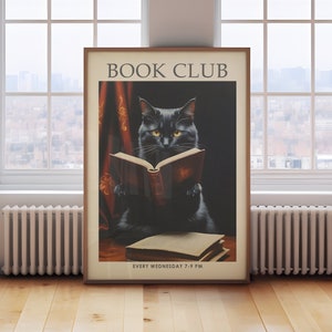 Book club print, black cat reading a book, dark academia print, library print, book lover gift, vintage reading poster, cat wall art