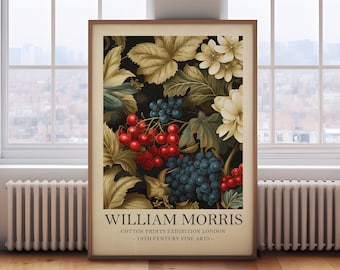 May include: A vintage poster featuring a botanical illustration of red and blue berries with green leaves on a black background. The poster has the text "William Morris - Cotton Prints Exhibition London - 19th Century Fine Arts -" at the bottom.