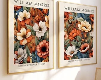 Set of 2 William Morris floral prints, Vintage botanical wall art, neutral floral print, rust botanical print, dark orange flower,