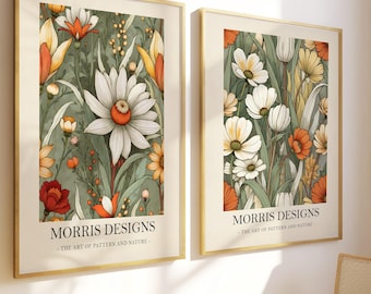 Set of 2 William Morris floral prints, Vintage burnt orange botanical wall art, cream floral print, green botanical print, spring flower