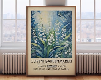 Mercado de Covent Garden, póster botánico de William Morris, mercado de flores de Londres, lámina de campanillas de invierno, arte mural floral azul, lámina de flores