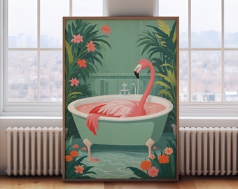 Flamingo in the bath print, funny bathroom wall art, Botanical Animal Print, Maximalist Animal in Bath Wall Art, Tropical Bathroom Safari