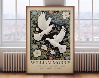 William Morris white doves Print, William Morris Exhibition Print, Textiles print, vintage botanical print, vintage bird print,ird wall art