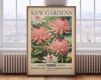 May include: A vintage poster advertising Kew Gardens in London, featuring a close-up of pink and white flowers with green leaves. The poster includes the text "Kew Gardens", "Nearest Underground Station", "District Line | Kew Gardens Station", and "Richmond TW9 3AE".