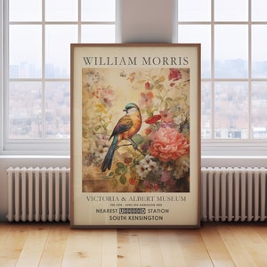 Grabado de William Morris, pintura de pájaros antigua, grabado de la exposición de William Morris, grabado del museo V&A, grabado de flores antiguo, plantas antiguas