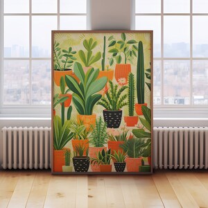 May include: A framed botanical print featuring a vibrant collection of potted plants. The artwork showcases various green plants in orange and black pots against a light yellow background. The print is displayed in a room with a window and wooden floor.