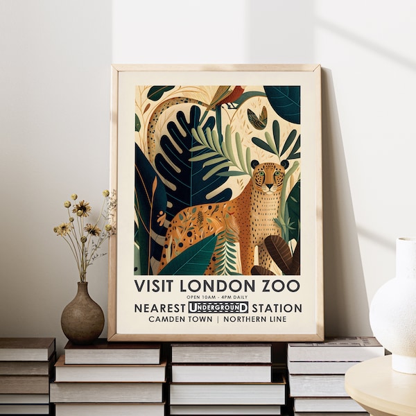 London Zoo poster, Leopard and Jungle Print, vintage style Exhibition poster, Animal Wall Art, leopard print, jungle, London wall art