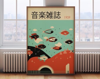 May include: A vintage-style poster with a teal background featuring a school of colorful fish swimming over a red and orange landscape. The poster has the text "音楽 雑誌" in black and "1959" in white.