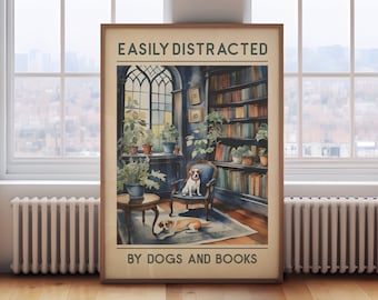 Dog and books poster, vintage dog print, vintage book print, beagles in a library poster, reading wall art, dog lover gift, book lover gift
