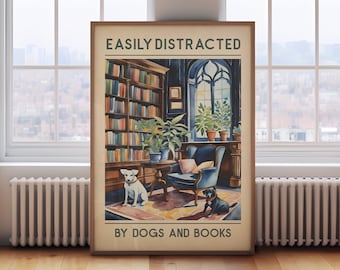 Dog and books poster, vintage dog print, vintage book print, labradors in a library poster, reading wall art, dog lover gift book lover gift