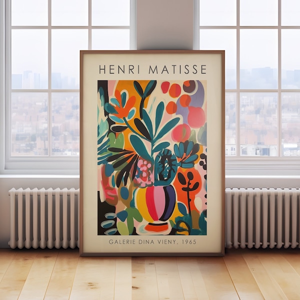 May include: Framed art print featuring a colorful abstract floral design in a vase. The artwork, by Henri Matisse, includes vibrant hues of orange, green, pink, and blue. The text "HENRI MATISSE" and "GALERIE DINA VIENY, 1965" are displayed on the print.