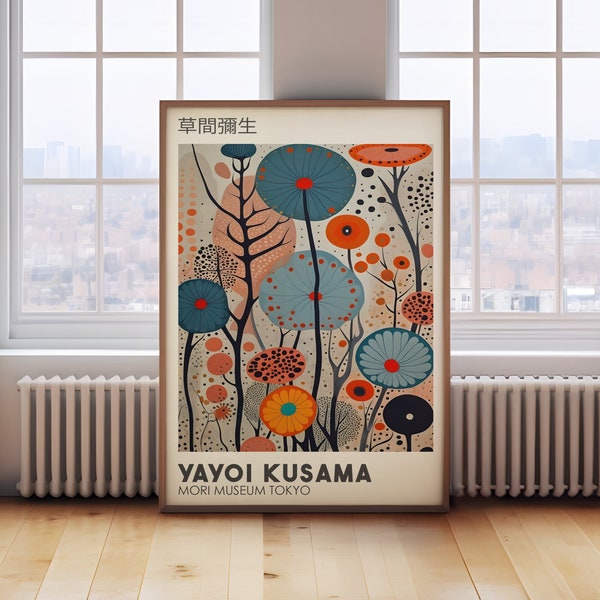 Póster de Yayoi Kusama, arte mural japonés, decoración japonesa brillante, impresión japonesa, póster japonés abstracto, regalo japonés, arte mural brillante