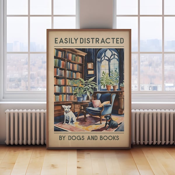 Dog and books poster, vintage dog print, vintage book print, labradors in a library poster, reading wall art, dog lover gift book lover gift