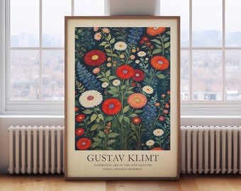 Puede incluir: Un póster vintage con una pintura de flores coloridas en un campo. El póster se titula "Gustav Klimt: Exposición de arte del siglo XX, Movimiento de Secesión de Viena."