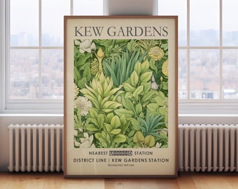 May include: A vintage-style poster advertising Kew Gardens, a botanical garden in London, England. The poster features a colorful illustration of various plants and flowers. The text on the poster reads "Kew Gardens" and "Nearest Underground Station District Line | Kew Gardens Station Richmond TW9 3AE."