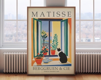 Matisse open window, Henri Matisse black cat print, aesthetic Modern Exhibition Print, Sea Ocean View, Retro Vintage Boho Interior, art gift