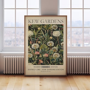 May include: A vintage-style poster with a floral design featuring dandelions and other plants. The poster has the text "KEW GARDENS" at the top and "NEAREST UNDERGROUND STATION DISTRICT LINE | KEW GARDENS STATION RICHMOND TW9 3AE" at the bottom.