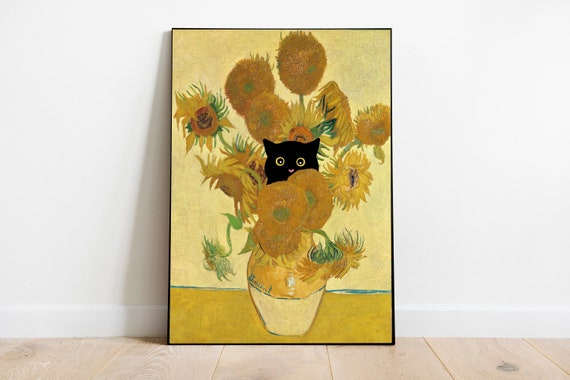 Van Gogh Sunflowers Cat Print, Van Gogh Cat Poster, Black Cat Art, Floral Print, Funny Cat print, Cat lover gift, black Cat poster,