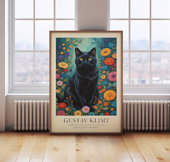 Gustav Klimt print, black cat wall art, Klimt wall art, modern cat poster, exhibition poster, museum print