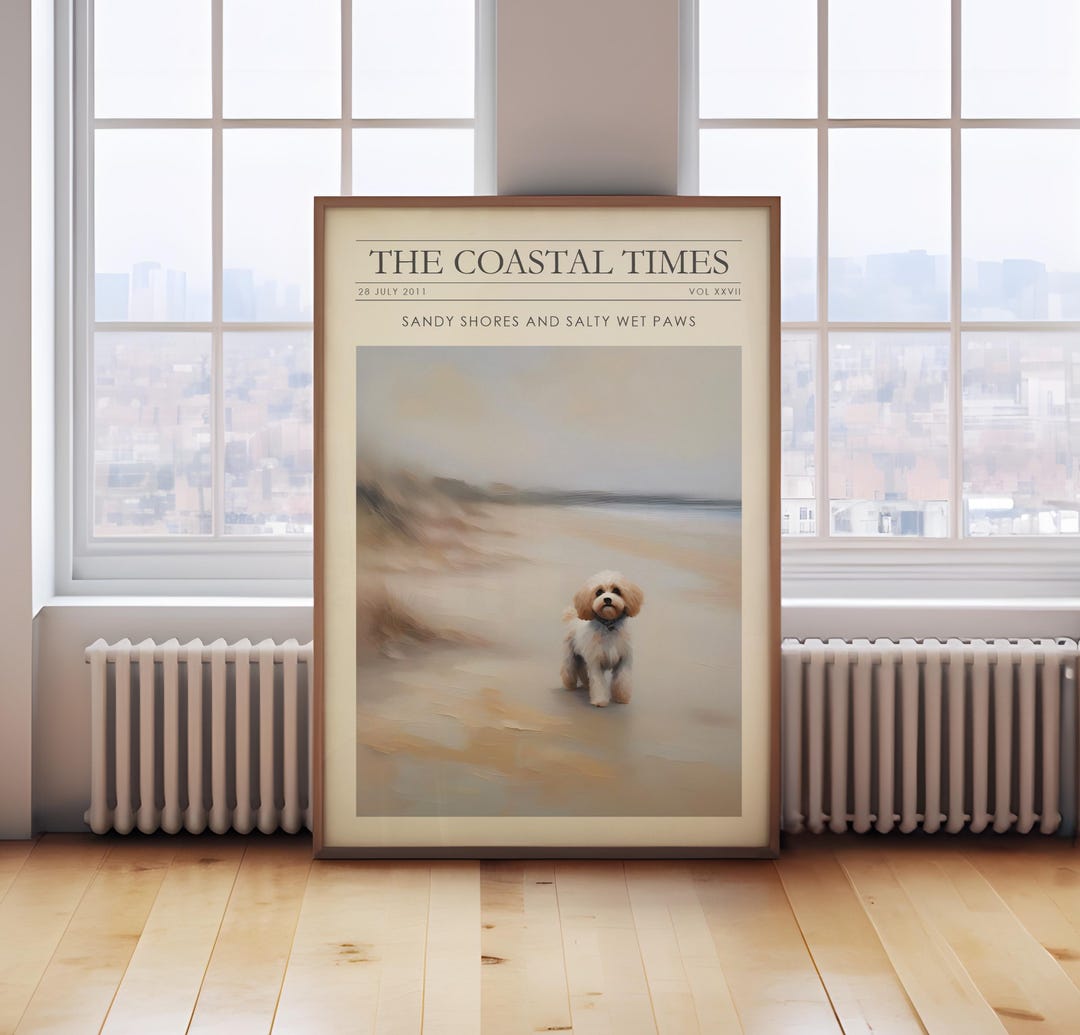 Cavapoo on a Beach Print, Neutral Coastal Print, Cavapoo Print, Beach ...
