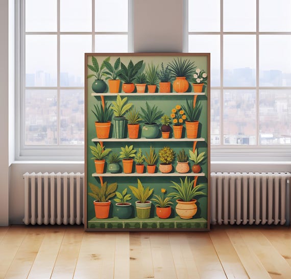 urban garden print, Plants in pots print, pot plants poster, lush green print, botanical wall art, plant lover gift, outdoor plants