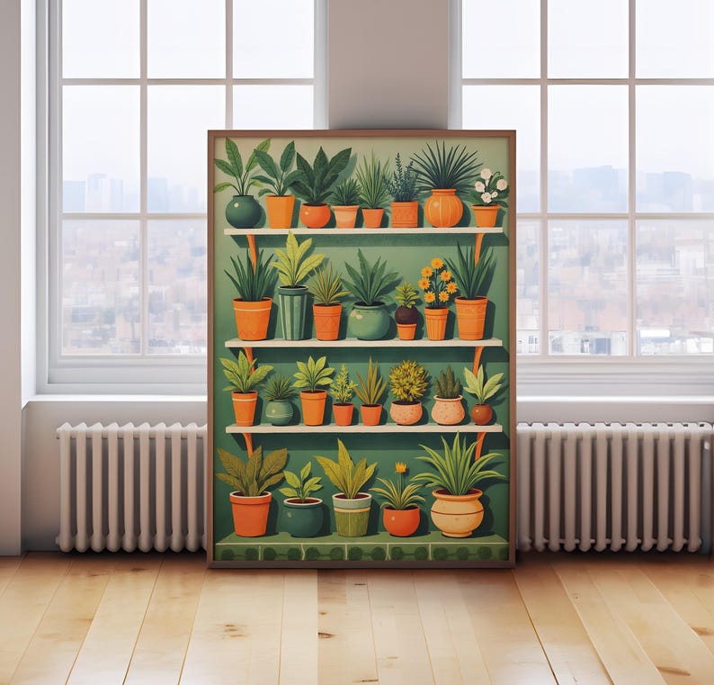 urban garden print, Plants in pots print, pot plants poster, lush green print, botanical wall art, plant lover gift, outdoor plants image 1