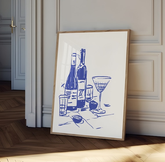 Wine and dine Poster, hand drawn Wine Print, blue kitchen decor, bar cart print, wine wall art, Retro Food Art, Kitchen print