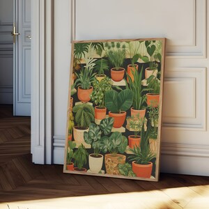May include: A colorful illustration of a variety of potted plants in different shades of green, brown, and orange. The plants are arranged in a grid pattern, creating a visually appealing and organic design.