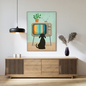 May include: A black dog sits in front of a vintage television with a colorful screen. The television is on a wooden stand. The dog is looking at the television. The image is in a retro style.