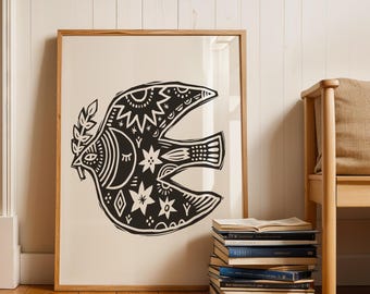 Bird folk art, lino cut bird illustration, Scandinavian bird print