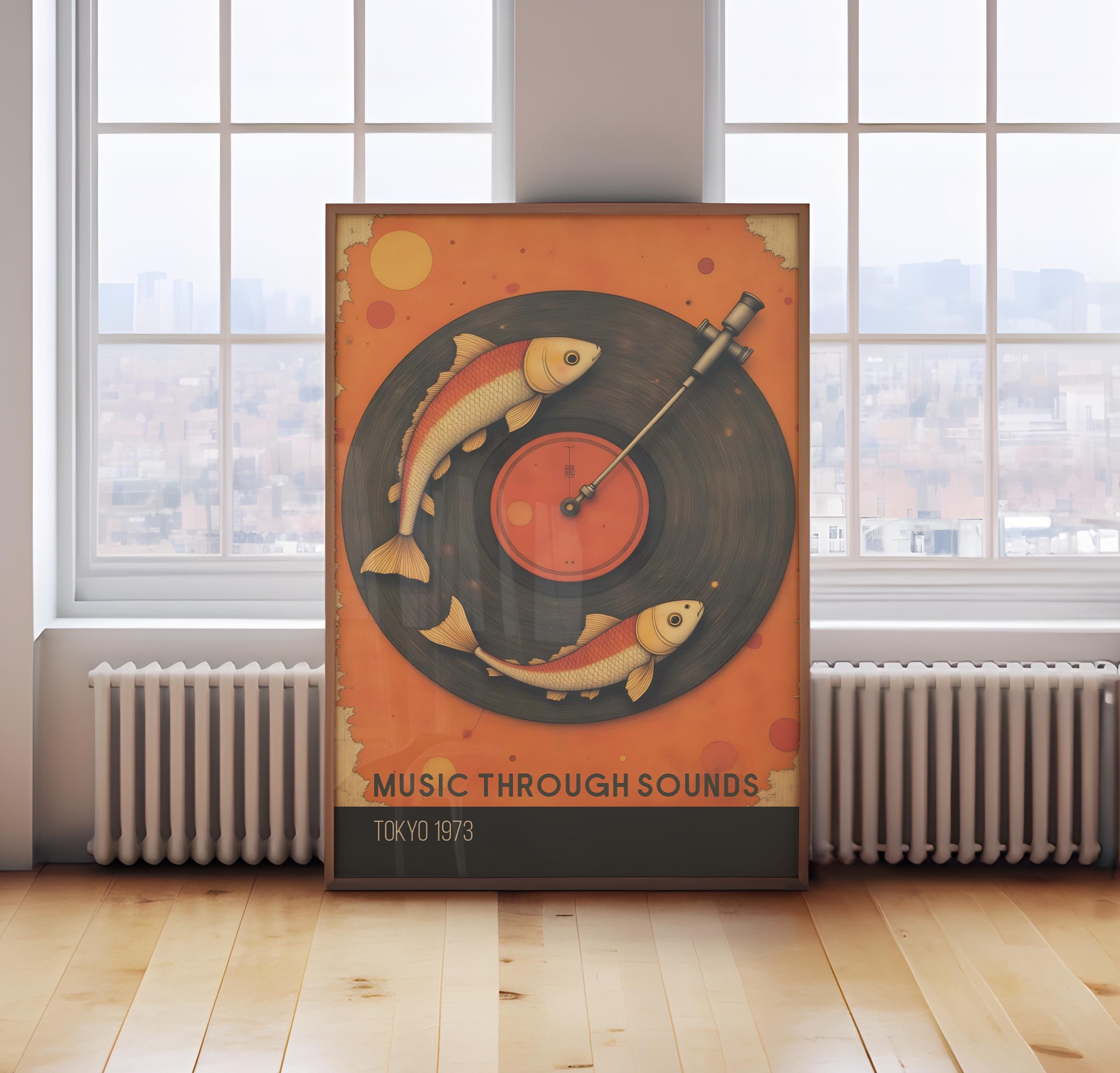 Japanese Vintage Music Poster, Carp Fish and Records Print, Retro