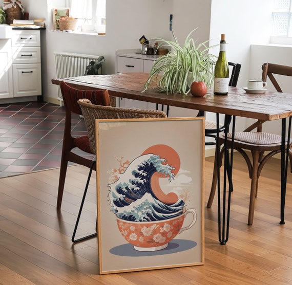 Japanese tea poster, The Great Wave off Kanagawa, tea cup print, retro tea print, retro kitchen wall art, kitchen print, tea gift